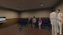 Imagem de realidade virtual que simula um hall de entrada de uma clínica